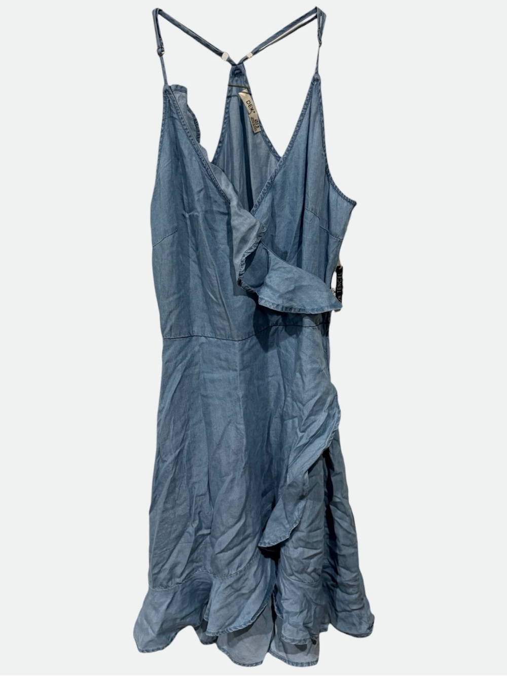 Dex Tencel Light Blue Chambray Ruffle Wrap Mini Dress Size M